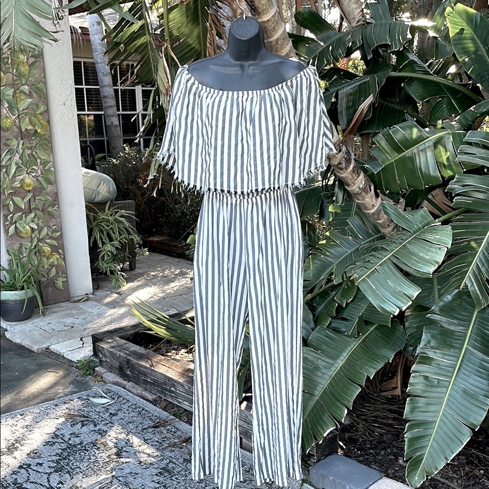 Elan stripe  jumpsuit with Off-Shoulder Design and Wide-Leg Pants